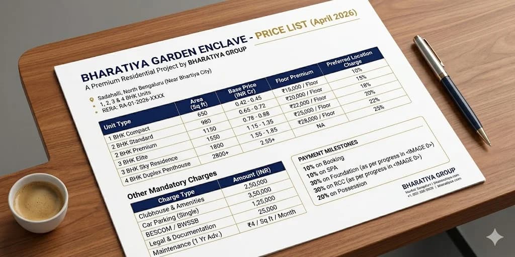 Latest price list for Bhartiya Garden Enclave North Bangalore, showing 1 BHK to 4 BHK apartment costs and payment plans.