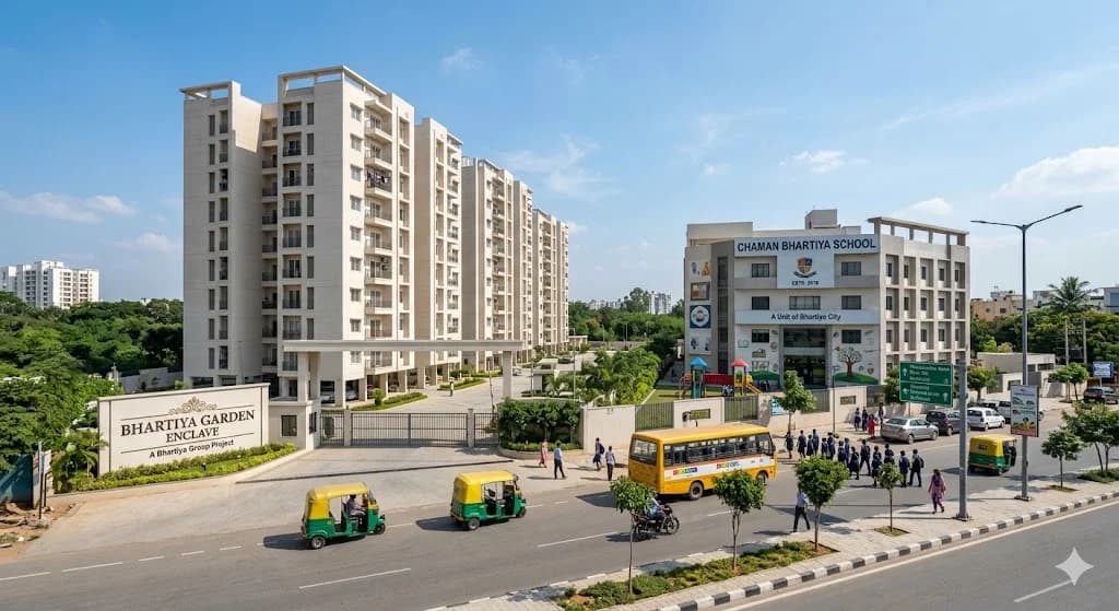 Map and list of top-rated international schools and educational institutions near Bhartiya Garden Enclave in North Bangalore.