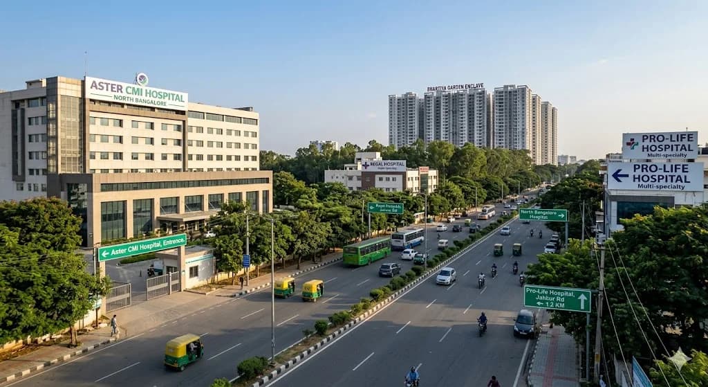 Map of emergency healthcare services and multi-specialty hospitals near Bhartiya Garden Enclave in the North Bangalore Airport corridor.
