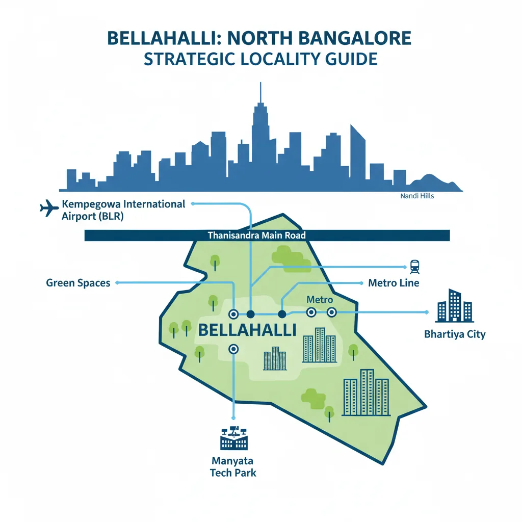 Bellahalli - Complete Locality Guide - Modern infographic style hero image showing Bellahalli's strategic location in North Bangalore