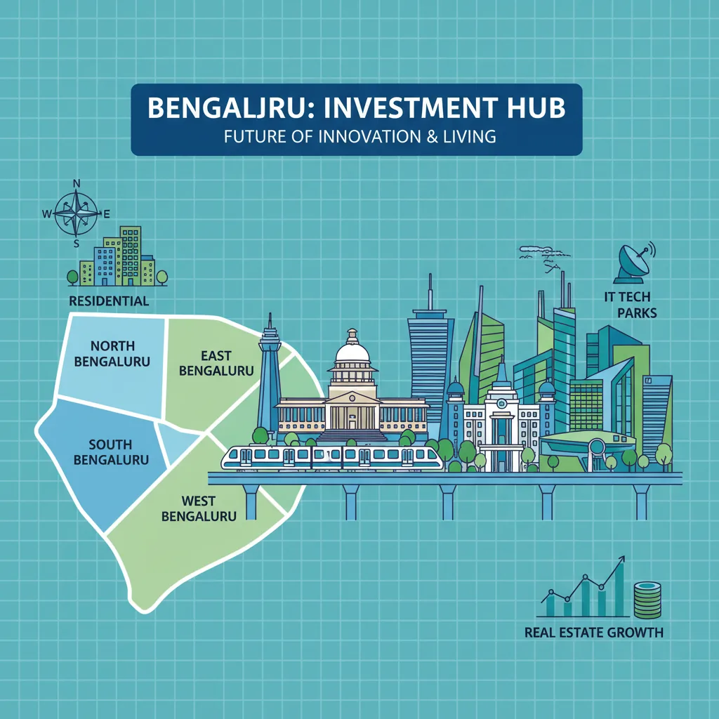 Bengaluru Location Guide - Modern infographic showcasing city skyline, metro, IT parks and residential zones for real estate investment