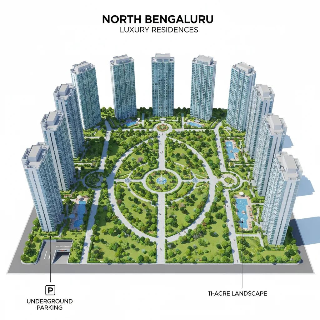 Aerial view of Bhartiya Garden Enclave luxury residential complex with lush green gardens and modern glass towers in Bellahalli-Thanisandra, North Bengaluru