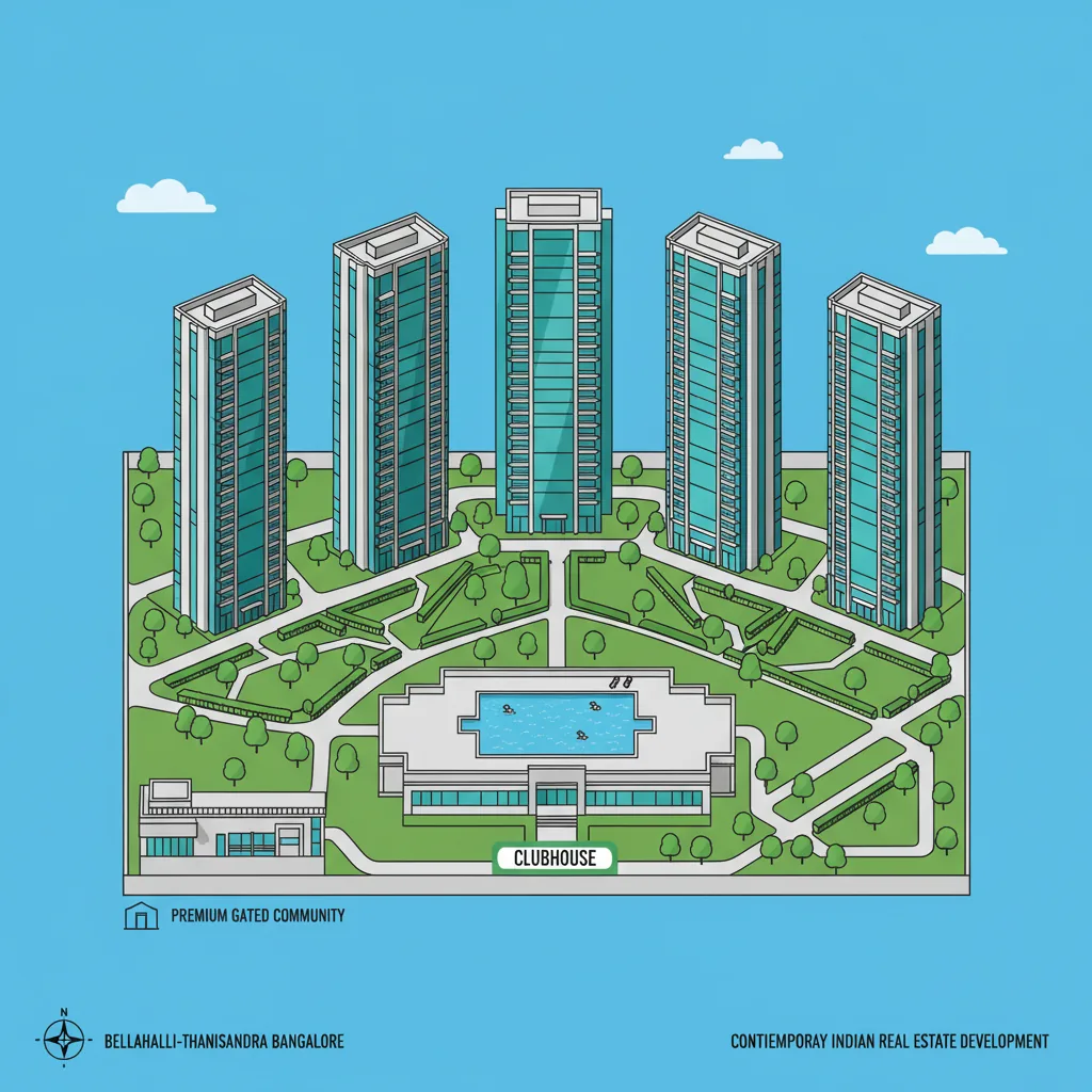 Aerial architectural visualization of a modern luxury residential township with six tall glass towers surrounded by lush green gardens and landscaped parks in Bellahalli-Thanisandra Bangalore