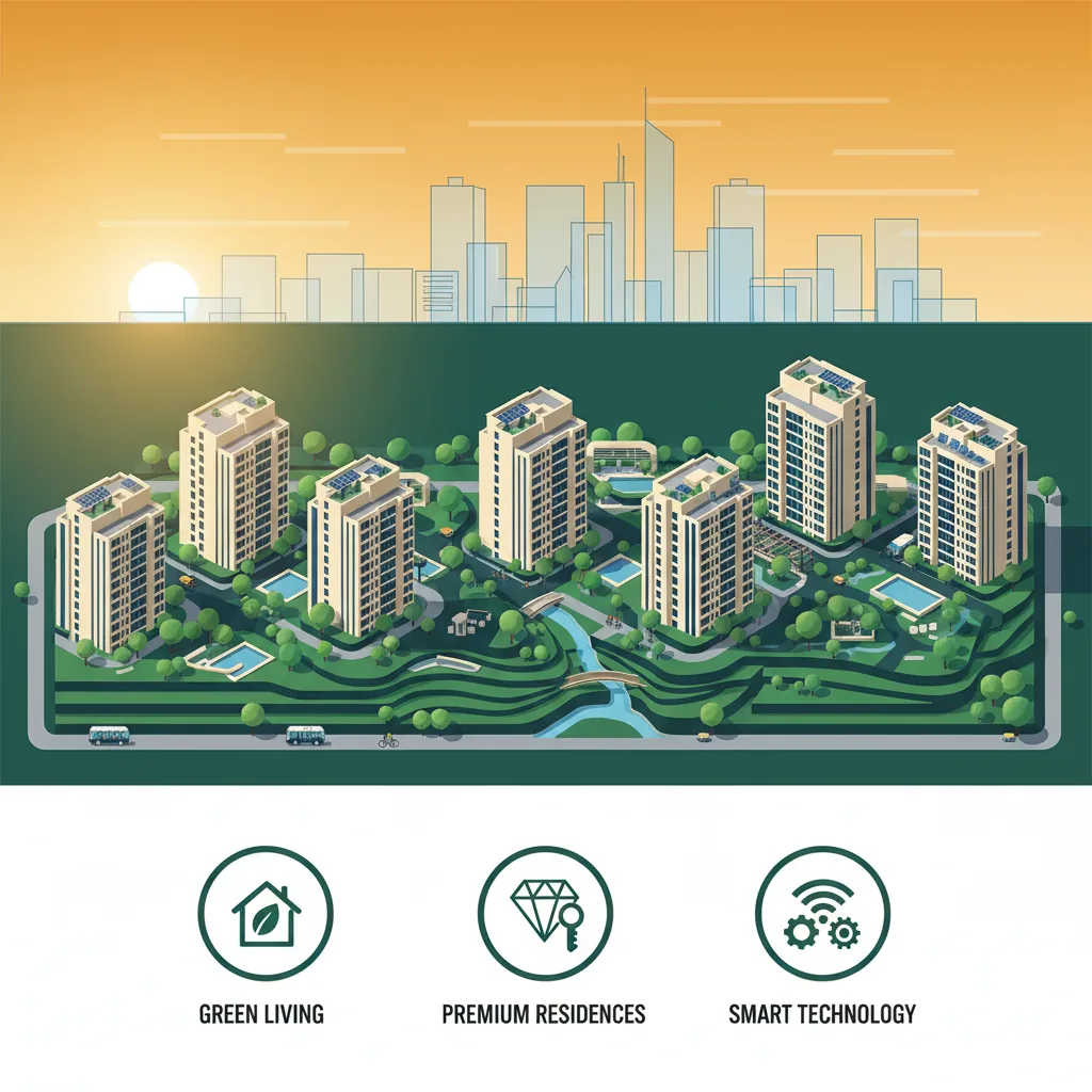 Modern luxury real estate development aerial view of Bhartiya Garden Enclave with green sustainable township and premium residential towers in North Bangalore