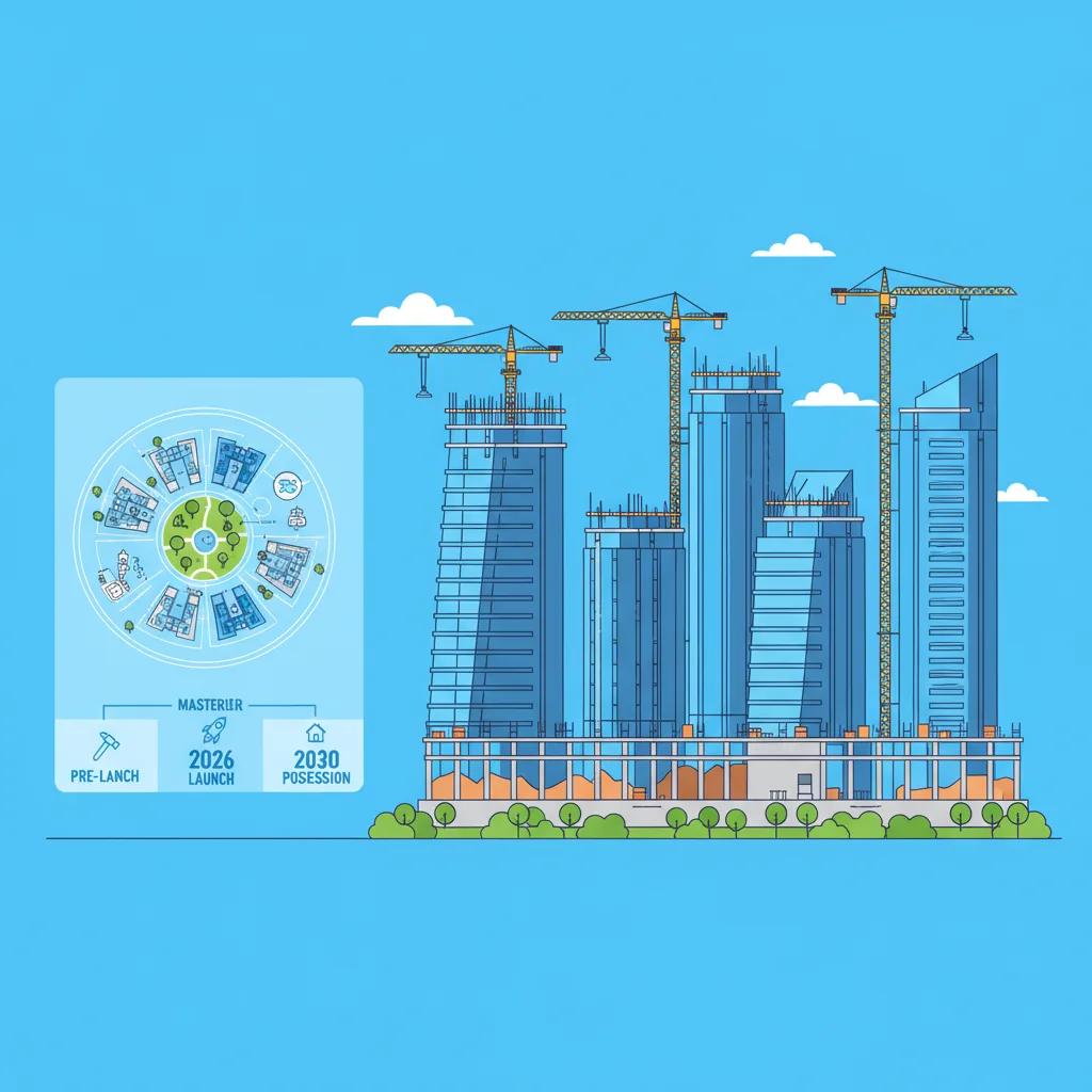 Bhartiya Garden Enclave construction site in North Bangalore showing pre-launch development timeline with 2026 launch and 2030 possession dates