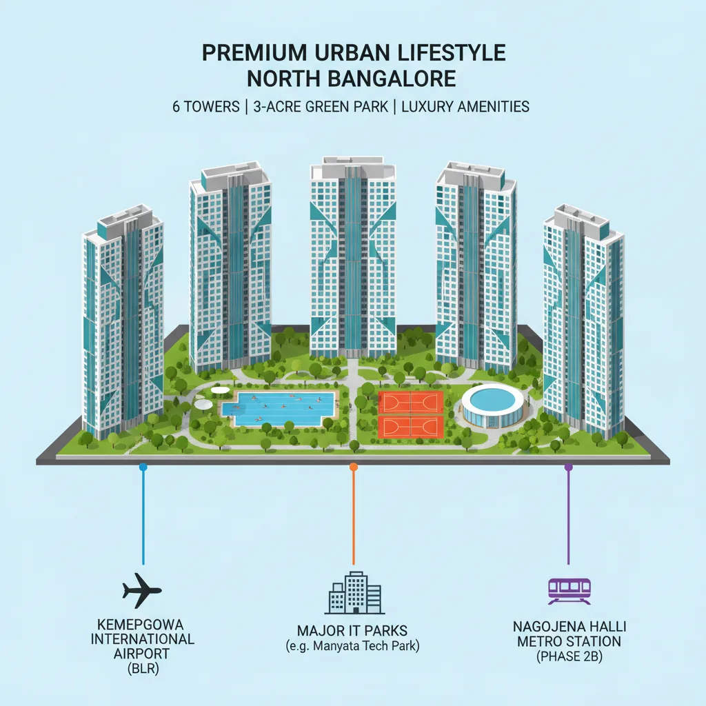 Bhartiya Garden Enclave Investment - Modern residential high-rise apartment complex with 6 towers, lush central park, swimming pool, sports courts, and clubhouse in North Bangalore