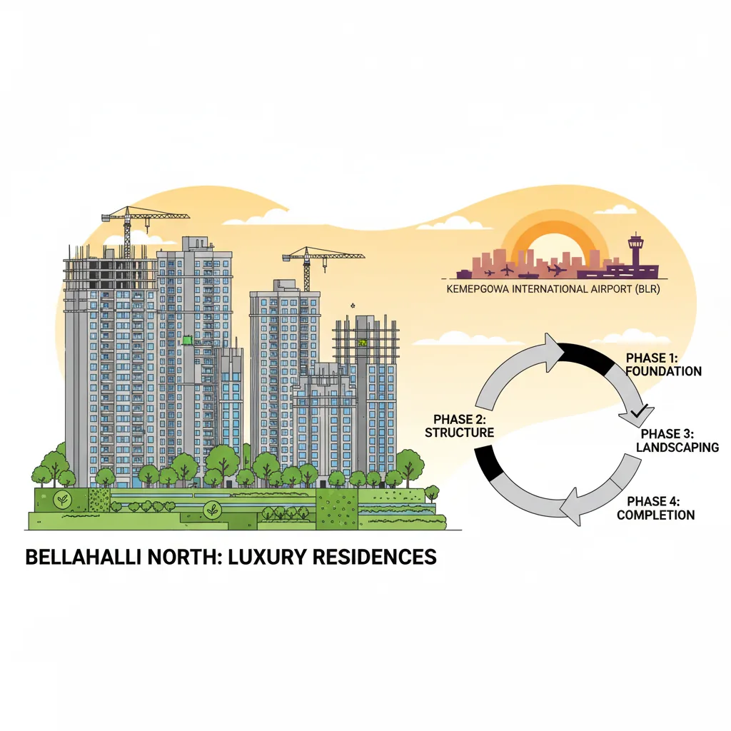 Modern residential high-rise towers at Bhartiya Garden Enclave in Bellahalli, North Bangalore, featuring premium luxury apartments with green landscaping and warm sunset lighting