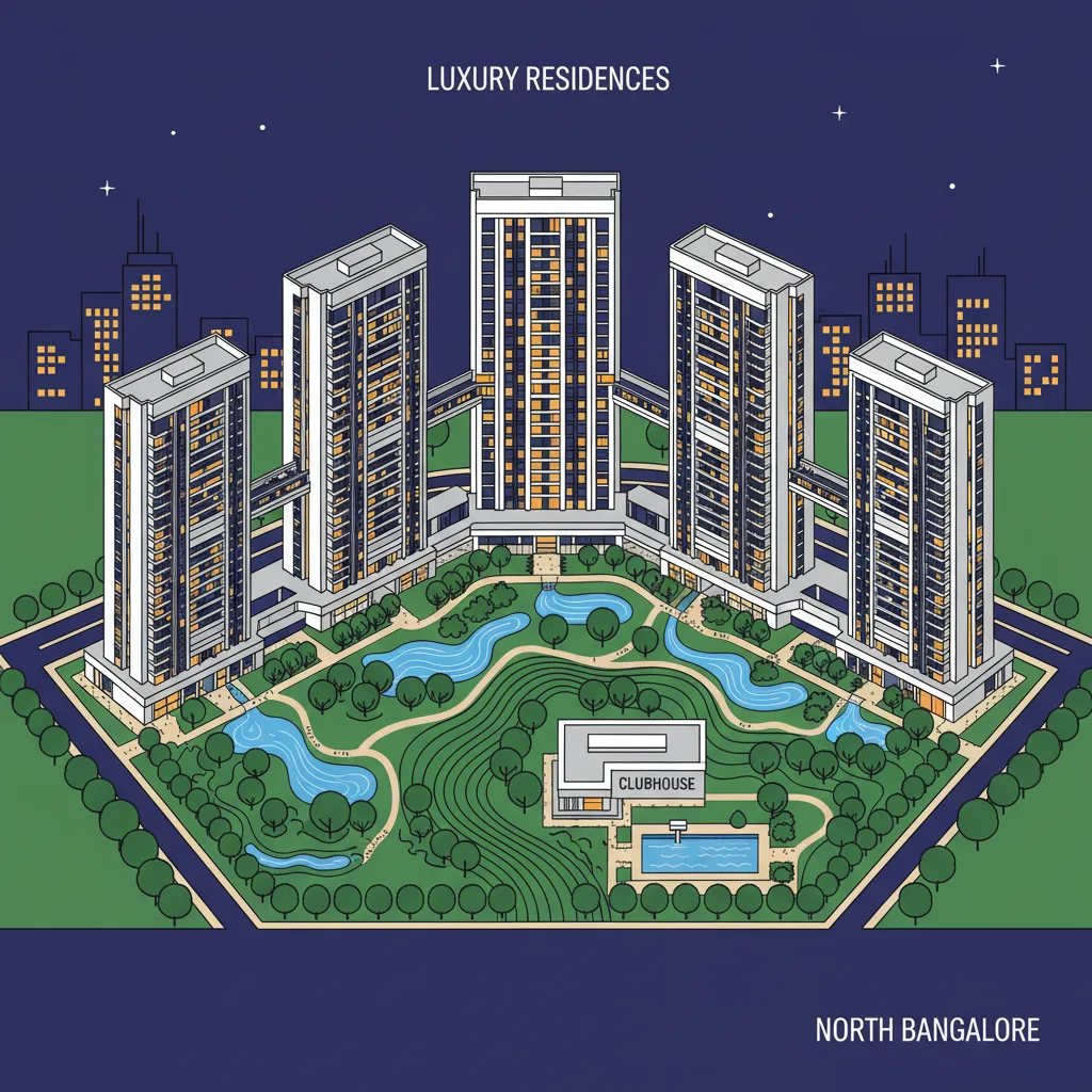 Modern luxury residential complex with 6 high-rise towers, lush 3-acre central park, and premium amenities at Bhartiya Garden Enclave, North Bangalore