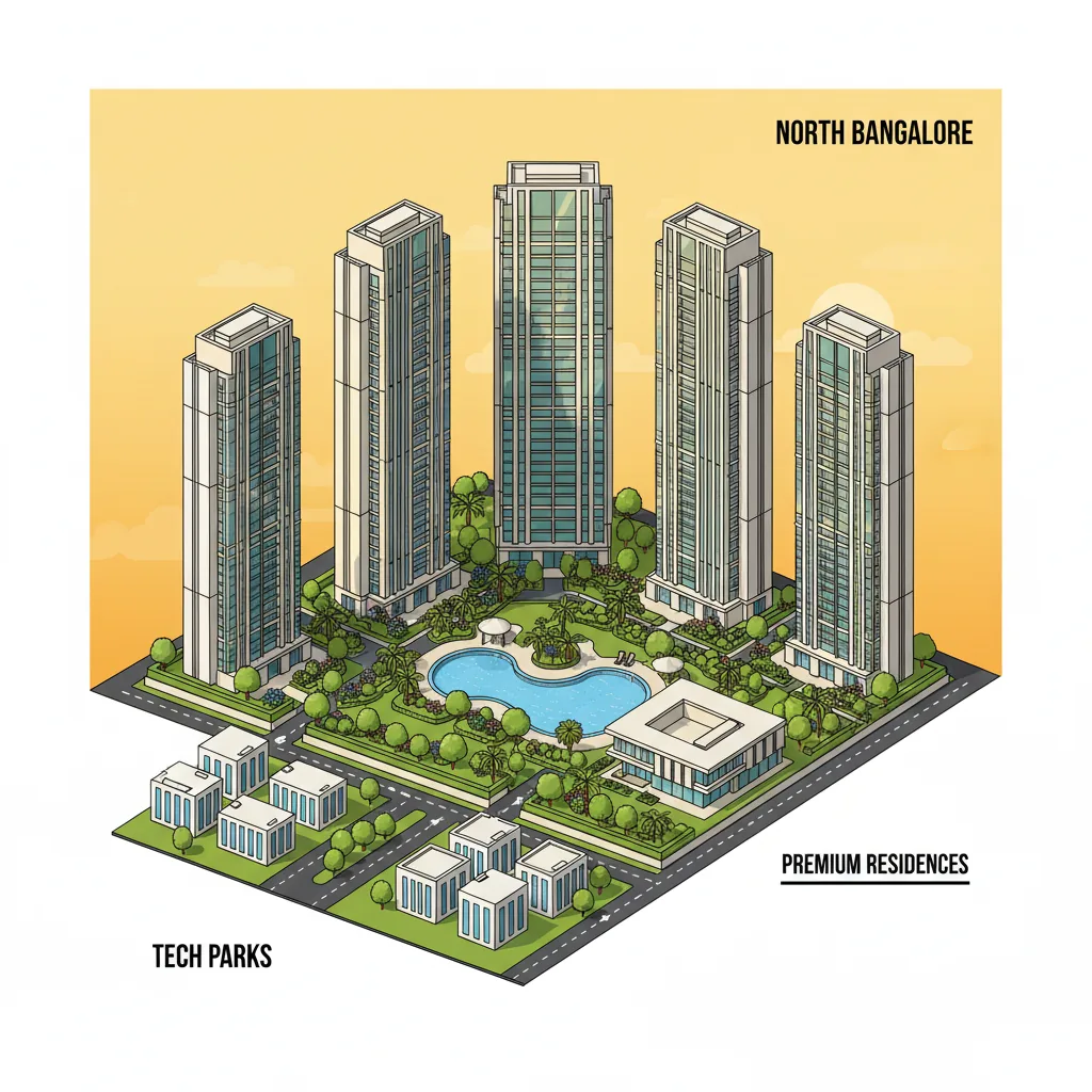 Bhartiya Garden Enclave luxury residential apartments with 6 towers, landscaped gardens, swimming pool and clubhouse amenities in Thanisandra, North Bangalore