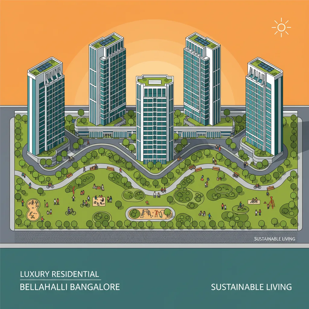 Aerial view of Bhartiya Garden Enclave luxury residential township with six high-rise towers, lush green central park, car-free green spine walkway, and sustainable green roofs at sunset