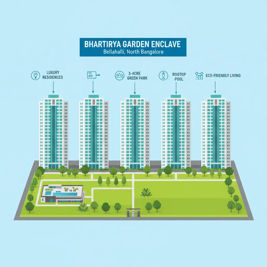 Modern luxury apartment towers with green gardens at Bhartiya Garden Enclave, Bellahalli, North Bangalore