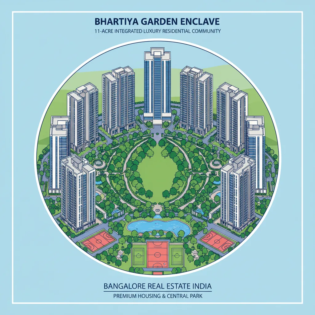 Bhartiya Garden Enclave luxury apartment complex with modern high-rise towers and lush green gardens in Thanisandra, Bangalore